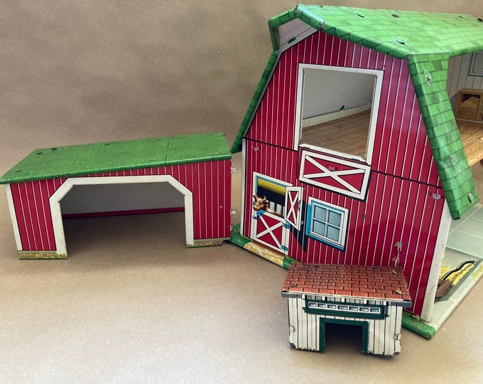 1950s Lazyday Farms Tin Barn Farm Play Set by Marx With 2 Out