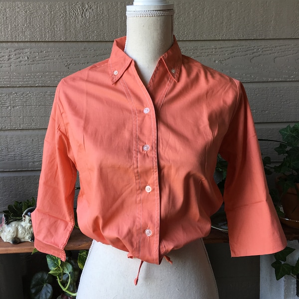 Vintage waist tie cropped blouse, size 34, coral tie blouse, 60s cropped blouse, sanforized blouse, cropped button up, draw string blouse,