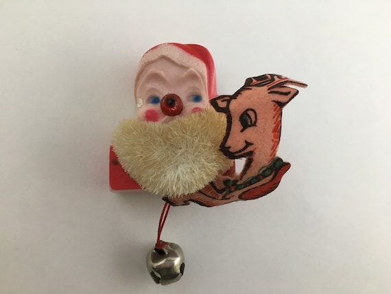 Vintage Light up Nose Santa Pin, Santa Pin With Reindeer, Lite up - Main Image