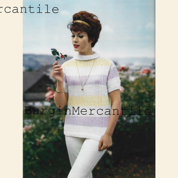 1960s Springtime short sleeve striped turtleneck sweater knitting pattern PDF digital download