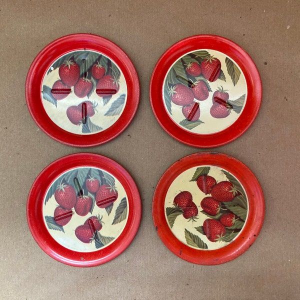 Set of 4 vintage strawberry printed tin metal coasters