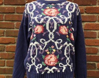 Vintage Lauren Grey purple floral knitted rose sweater pullover in Large