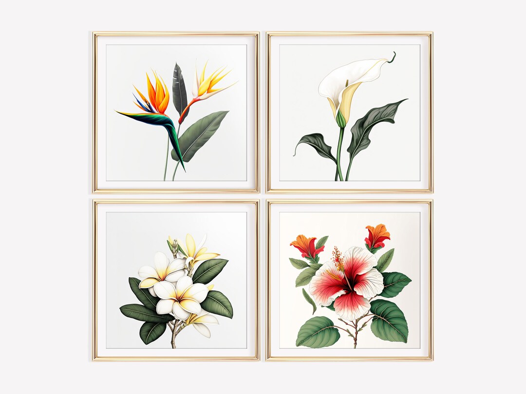 Modern Tropical Flower Wall Art Set for Beach House Flower Painting
