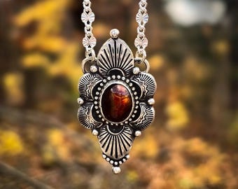 Fire Agate Hand Stamped Sterling Silver Pendant Necklace
