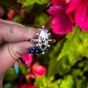May include: A silver ring with a clear, elongated gemstone. The gemstone has a unique, natural pattern inside. The ring has small, decorative silver accents around the stone and on the band. The background features bright pink flowers and green foliage.