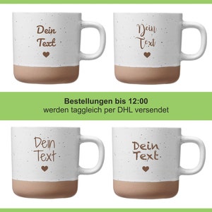 Tasse personalisiert dein Wunschtext auf einer weißen Keramik Tasse mit 360ml Gravur 10 Schriften zur Auswahl Bild 1