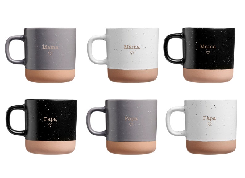 Mama oder Papa Tasse aus Keramik mit 360ml Gravur Grau Schwarz Weiß Muttertagsgeschenk Vatertagsgeschenk Bild 4