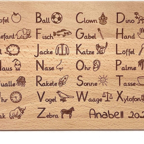 personalisiertes ABC Frühstücksbrett aus Buche Holz zum Lernen - Geschenkidee zum Schulanfang