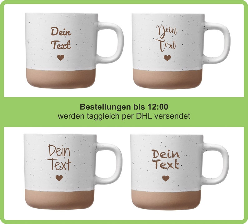 Tasse personalisiert dein Wunschtext auf einer weißen Keramik Tasse mit 360ml Gravur 10 Schriften zur Auswahl Bild 1