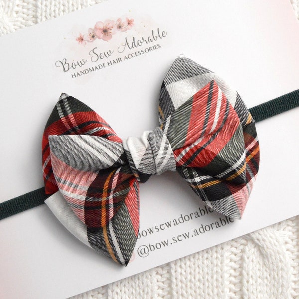 Argyle tartan hair bow | Christmas plaid bow, baby girl headband, girls hair clip, photoshoot prop