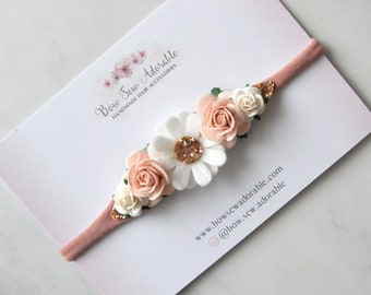 Rose gold daisy flower headband, dusky pink headband, baby girl headband, baby photo prop