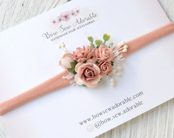 Mini dusky pink flower headband, baby girl headband, newborn photo prop