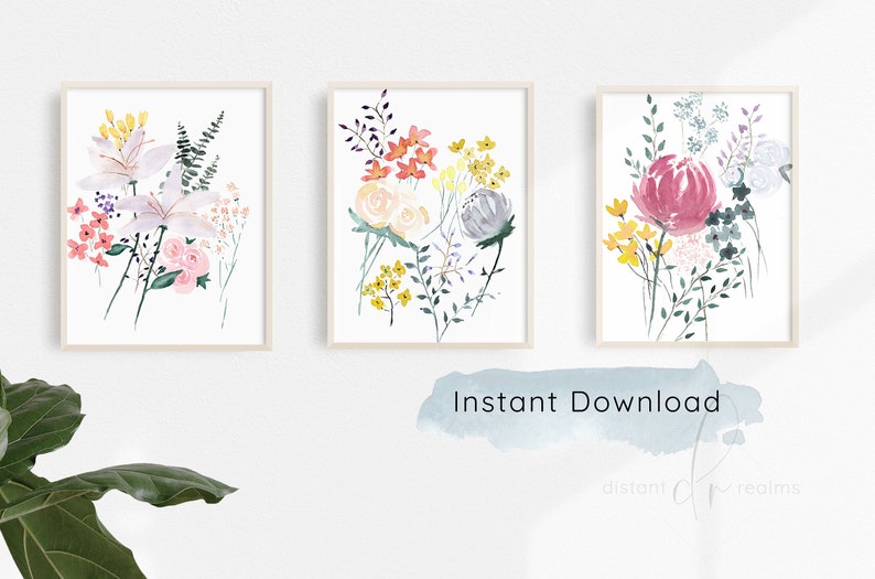 Printable Art Floral Painting Trio Botanical Print Flower Etsy