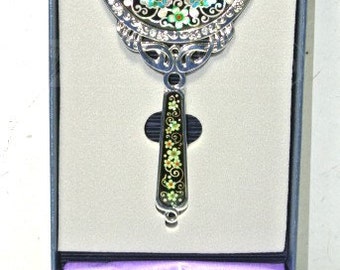 Decorated Hand Held Asian Mirror with Handkerchief in case