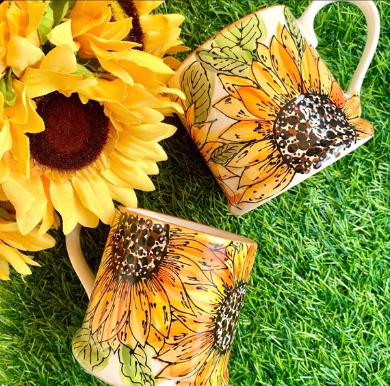 Sunflower Mug, Hand Painted, Ceramic, Drinkware, Country Kitchen Mug, Gift