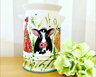 Farm Animal, Milk Churn, Flower Vase, Utensil Holder, Hand Painted, Ceramic, Kitchen Decor