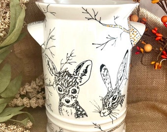 Woodland Animal, Milk Churn, Utensil Holder, Hand Painted, Ceramic, Flower Vase