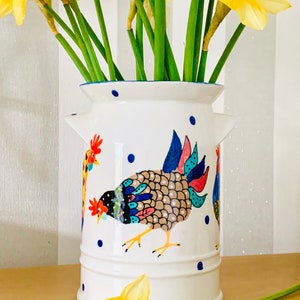 Coloured Hen, Milk Churn, Utensil Holder, Hand Painted, Ceramic, Flower Vase