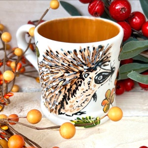Hedgehog Mug, Woodland Animal, Hand Painted, Ceramic, Drinkware, Country Kitchen