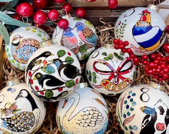 Twelve Days of Christmas Baubles (COMPLETE SET) Hand Painted, Ceramic, Christmas Tree Decoration