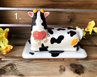 Cow Butter Dish, Hand Painted, Ceramic, Country Decor, Kitchen Accessories, Butter Tray
