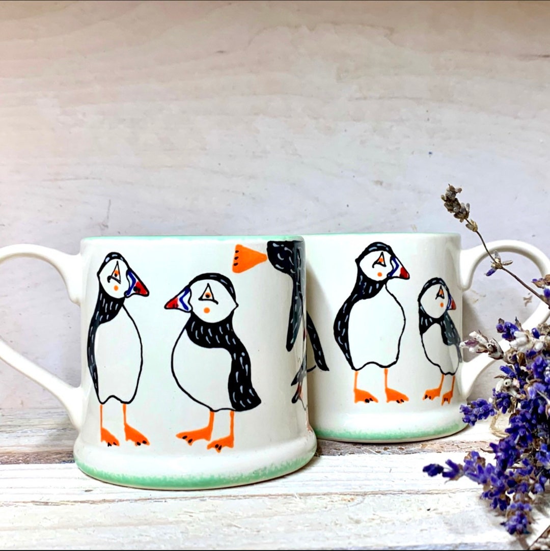 Puffin Mugs, Coastal Birds, Hand Painted, Ceramic, Drinkware, Country