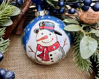 Snowman Bauble, Hand Painted, Ceramic, Christmas Tree Decoration, Hanging Ornament, Festive, Winter Scene, Gift