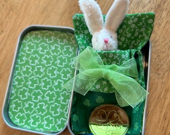 St. Patrick's Day Pocket Bunny or Bear: Irish Tin Toy with Shamrock Sleeping Bag