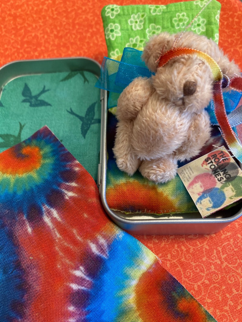 Tiedye Teddy Bear Little Pocket Bear in Tin Tiny Hug Bear Worry Pet