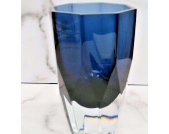 Swedish Lindshammar Cobalt Blue Clear Cased Faceted Vase Gunnar Ander 6" MCM