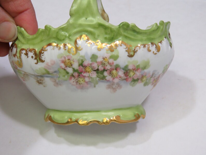 Antique Coiffe Limoges France Handled Hand Painted Porcelain Basket Green 4 38