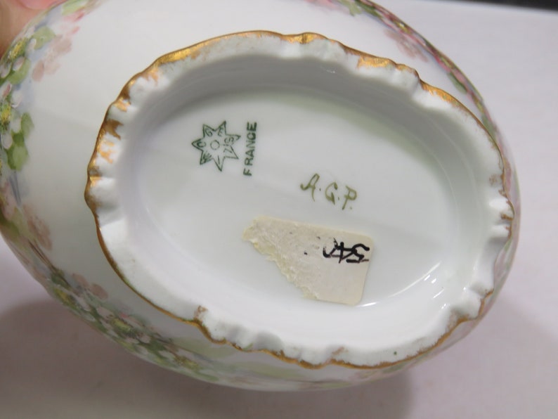 Antique Coiffe Limoges France Handled Hand Painted Porcelain Basket Green 4 38