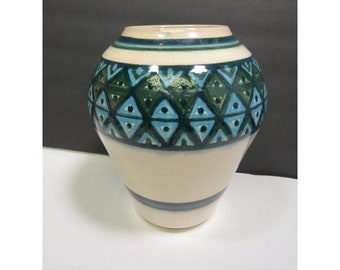 Lovely Mid Century Studio Pottery Vase 7.5" Geometric Blue Green Design Signed
