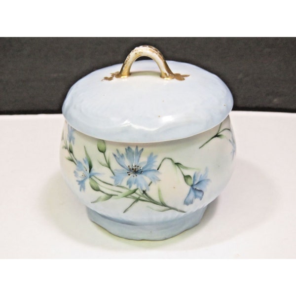 T & V Limoges Covered Jar Sugar Bowl Blue Flowers