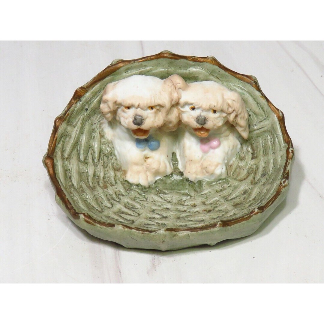 Vintage German Bisque Figurine Puppy Dogs in A Wicker Basket Cocker
