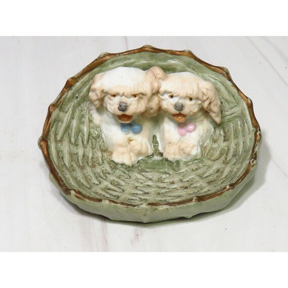 Vintage German Bisque Figurine Puppy Dogs in A Wicker Basket Etsy