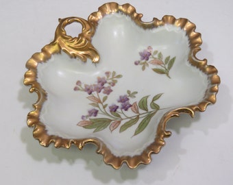 Vintage ARNART JAPAN Gilt Porcelain Leaf Shaped Dish w/ Hand Painted Purple Flowers