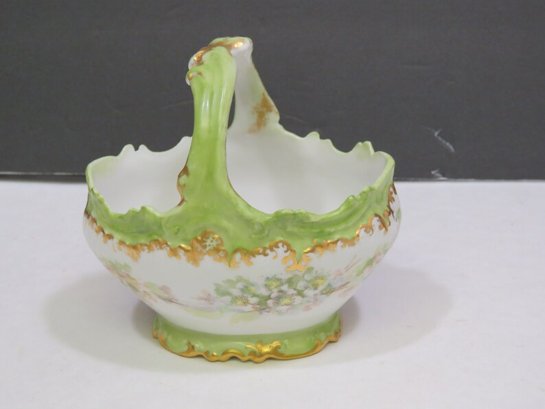 Antique Coiffe Limoges France Handled Hand Painted Porcelain Basket Green 4 38