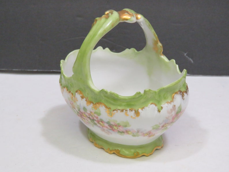 Antique Coiffe Limoges France Handled Hand Painted Porcelain Basket Green 4 38