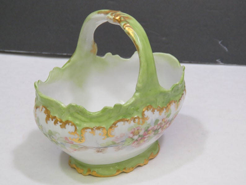 Antique Coiffe Limoges France Handled Hand Painted Porcelain Basket Green 4 38