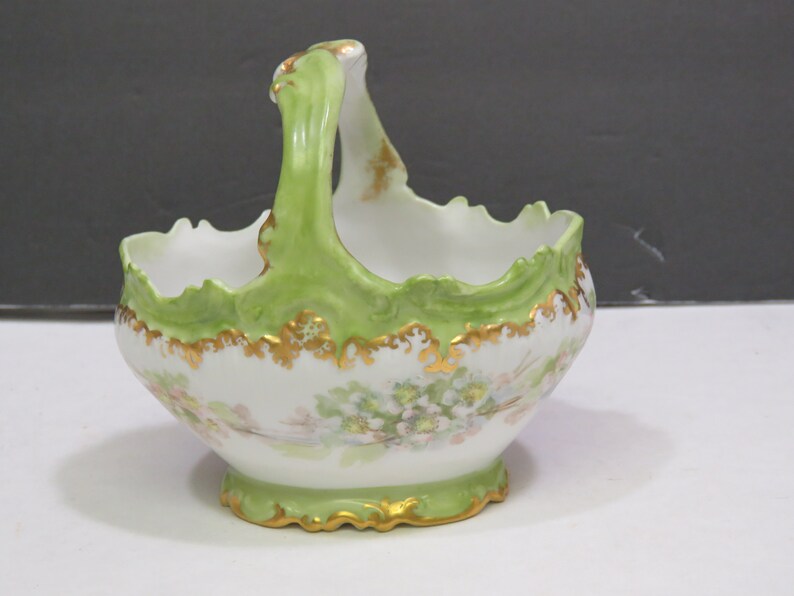 Antique Coiffe Limoges France Handled Hand Painted Porcelain Basket Green 4 38