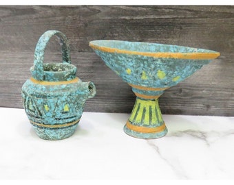 2 Vtg Mid Century Modern Italian Blue Pottery Venetian Stem Vase Bowl & Pitcher