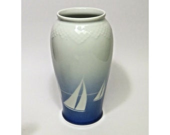 Vtg B & G Mid Century Blue White Sailboat Tall Vase 8.5" Denmark