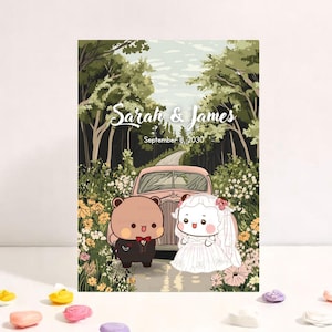 Süße Hochzeitskarte mit Hochzeitsauto | Niedliche Jubiläumskarte | Karte für Freund, Freundin, Mann, Frau | Bubu Dudu Bär