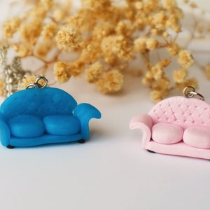 miniature couch, polymer clay jewelry, jewelry bracelet necklace, pink sofa necklace, miniature sofa blue couch miniature
