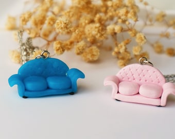 miniature couch, polymer clay jewelry, jewelry bracelet necklace, pink sofa necklace, miniature sofa blue couch miniature