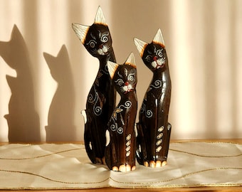 3Pcs-Set  Hand-Carved Cat Family Figurines - Unique Home Decor and Gift Idea, home crafts cat ornaments vintage hand carved hand painted