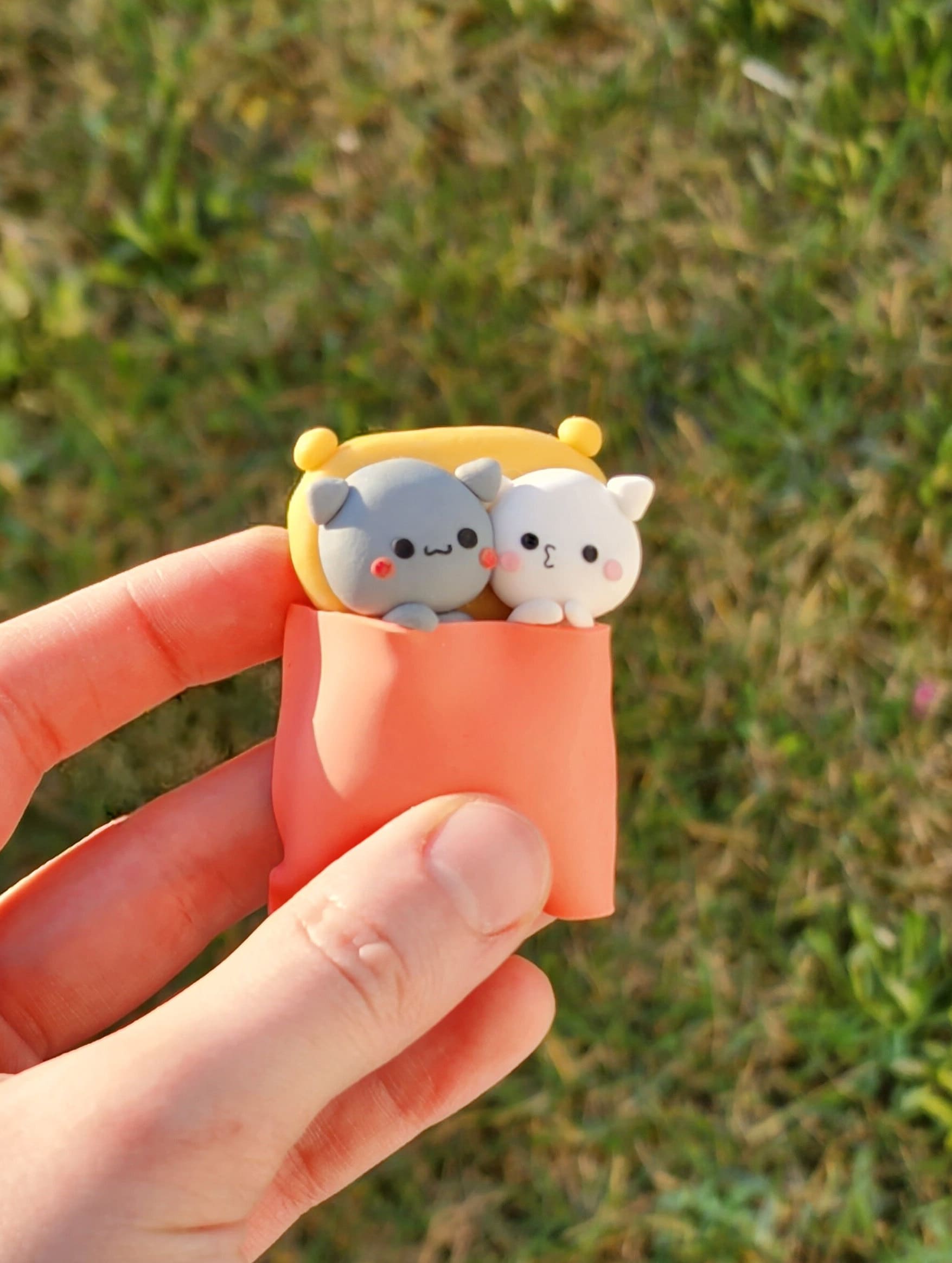 Mochi Katze Pfirsich Goma Miniatur / Paar Liebe Indianer Geschenk