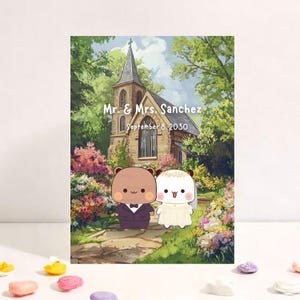 Personalize um cartão de casamento fofo com uma igreja | Cartão de aniversário fofo | Cartão de presente para marido e mulher | Discurso de casamento com o Urso Bubu Dudu
