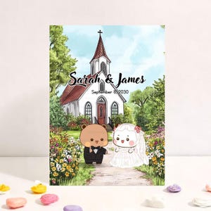 Personalize um cartão de casamento fofo com uma igreja | Cartão de aniversário fofo | Cartão de presente para marido e mulher | Discurso de casamento com o Urso Bubu Dudu